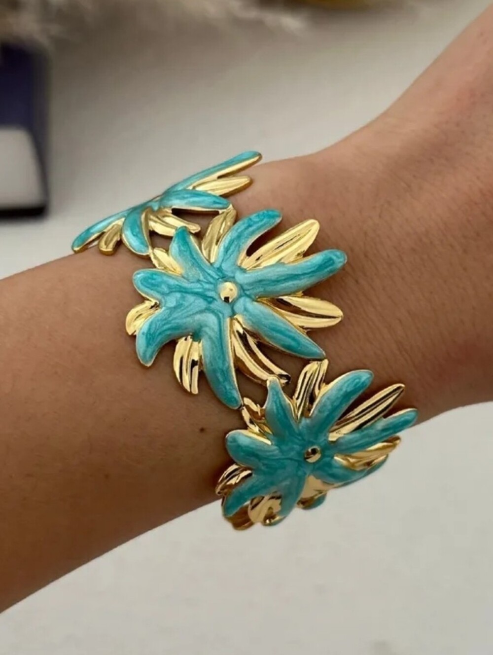 ✨ 308 Stainless Steel Gold-Tone Floral Turquoise Enamel Cuff Bracelet ✨